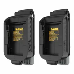 This battery holder accommodates two 60 V DEWALT batteries, securing them with integrated clips. It is designed for attachment to compatible harness systems, enabling hands-free operation of cordless equipment during extended work sessions.