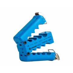 Fiber optic mid-span slitter for stripping and ringing cable sheaths. Accommodates cable diameters from 8.7 mm minimum to 14.6 mm maximum. Used for mid-span access in fiber optic cable preparation.