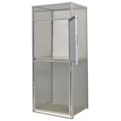 This expanded metal bulk storage locker starter includes two side panels and is configured as 2 tiers and 2 units wide. It features a padlock hasp for use with a user-supplied lock. Typical applications include secure storage of bulk items in industrial and warehouse environments where visibility and ventilation are desired.