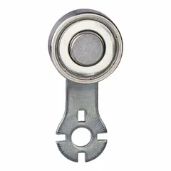 Fixed roller lever arm for limit switches, with a rotary lever roller actuator and front roller position. Maximum arm/operator length of 1.77 inches. Compatible with XCKJ series limit switches. Used to detect position of moving machinery parts in industrial automation.