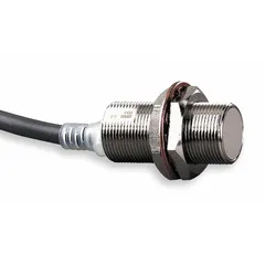 This OMRON cylindrical inductive proximity sensor is an unshielded, 2-wire device with a non-terminated cable. It operates on an AC supply voltage of 20-264V AC and is not rated for DC supply. Typical applications include non-contact detection of metallic objects in industrial automation and material handling systems.