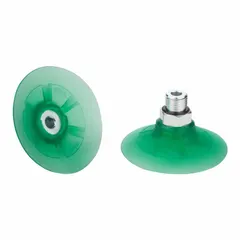Flat type vacuum pad assembly for packaging industry applications. Features a 53.9 mm pad diameter, 23.2 mm pad height, and is made of green Elastodur ED material with 65 A hardness. Suitable for handling boxes, cartons, and plastic film in automated packaging lines.