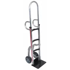 This MAGLINER hand truck features a corrosion-resistant silver aluminum frame and dual-loop handle for maneuverability. Rated for 500 lb, it is equipped with tread-on-core wheels suitable for moving loads in industrial, warehouse, and commercial environments where rust resistance is required.