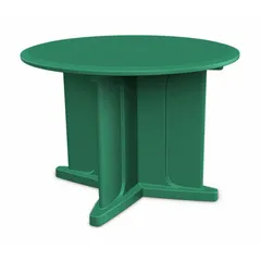 This 48-inch diameter round table features a green polyethylene top and an X-base design that accepts ballast for added stability. It is constructed without a game top and meets ISO 22196 antimicrobial surface standards. Suitable for commercial dining, break rooms, and outdoor seating areas.