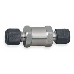 This Parker poppet check valve is constructed of stainless steel with an inline valve body and compression connections. It is used to prevent backflow in fluid and gas media systems, typical in process instrumentation and control panels.