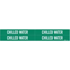 Green adhesive pipe marker with white 'Chilled Water' legend, designed for pipe outer diameters from 3/4 to 2-3/8 inches. Each pack contains 4 markers without arrows, used to identify chilled water lines in HVAC and process cooling systems.