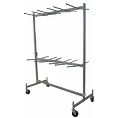 This hanging rack accommodates up to 72 folding chairs for organized storage and transport. The gray powder-coated frame resists wear, and four swivel casters provide maneuverability in event spaces, schools, and banquet halls.