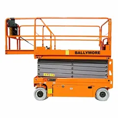 The BALLYMORE DMSL-26W is a battery-powered drivable scissor lift with a 26 ft elevated platform height and a 90 in x 45.3 in platform. It includes a battery charger. Typical applications include overhead maintenance, installation, and repair tasks in industrial and commercial settings.
