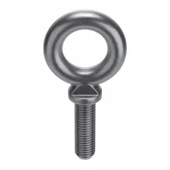 Steel machinery eye bolt with shoulder, plain finish. Thread size 3/4"-10, thread length 2 in, shank length 2 in. Used as a lifting point for overhead hoisting and rigging, providing secure attachment for slings or hooks. Nut not included. Made in USA.