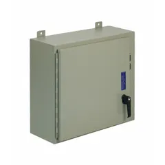 This WIEGMANN disconnect switch enclosure is constructed from powder-coated steel and measures 24 inches by 25 inches by 8 inches. It features a keyed handle closure method and is designed to house disconnect switches in industrial environments, protecting electrical components from dust, dirt, oil, and water.