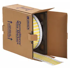 Polyolefin sleeve label roll with matte yellow finish, precut to 3/8 in x 2 in, designed for wire gauges 8 AWG to 16 AWG. Compatible with Brady IP Series printers. Used for permanent wire and cable identification in industrial control panels, electrical installations, and maintenance applications.