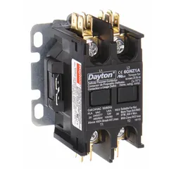 This Dayton definite purpose contactor is a non-reversing, 2-pole device with a 24V AC coil and a 25 A rating. It features a 2NO main pole contact form, a maximum voltage rating of 600V AC, and screw terminals for connection. Designed for through-panel mounting and single-phase operation, it is suitable for HVACR applications such as switching compressors, fan motors, and condenser units.
