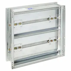 Rectangular manual control damper with V-groove blades and TPE blade seals. Measures 15-3/4 inches in height and width. Includes extension pin kit. Wall-mounted with normally open switch action. Maximum air velocity 3000 fpm. Used in HVAC systems to regulate airflow in ductwork.