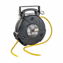 Hardwired self-retracting cord reel with 40 ft of 12 AWG SJTW black cord. Features a ratchet lock mechanism for controlled extension and retraction. Cord ends in bare wire for hardwiring. Suitable for managing power cords in workshops, assembly lines, and maintenance areas.