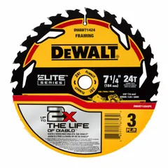 This 3-pack of 7-1/4 in diameter circular saw blades features 24 teeth with a 0.07 in kerf and 5/8 in arbor. Designed for cutting wood materials, the 24-tooth configuration balances speed and finish for framing, ripping, and crosscutting dimensional lumber, plywood, and engineered wood products.