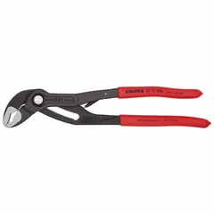 These tongue and groove pliers feature a V-jaw design for secure gripping of pipes, nuts, and fittings. The push-button mechanism allows one-handed adjustment across 25 positions, with a maximum jaw opening of 2 inches. Overall length is 10 inches. Suitable for plumbing, HVAC, and general maintenance tasks requiring adjustable gripping.