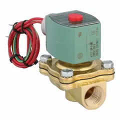 This 2-way, 2-position normally closed solenoid valve is designed for on/off control of liquids or gases in industrial automation, irrigation, and process control systems. It features a 1/2 in pipe size, operates at 240V AC (220V AC), and has a watertight coil enclosure for protection in damp environments.