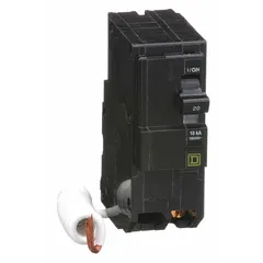 Two-pole plug-in miniature circuit breaker rated 20 A at 120/240V AC, single phase, with a maximum interrupting rating of 10 kA at 120V AC. Designed for overcurrent protection in QO Load Centers and NQ Panelboards.