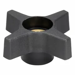 This quick-release 4-arm knob has a 2.46 in diameter and a plastic body with brass thread. The 3/8"-16 thread size allows tool-free adjustment and clamping on machinery, jigs, and fixtures.
