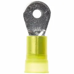 Nylon-insulated ring terminal for 4 AWG wire, fitting a #10 stud. Rated for 1000 V. Suitable for power distribution and control wiring in electrical panels and equipment.