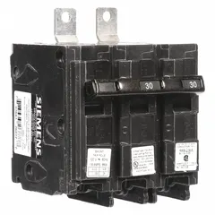This 30 A, 2-pole miniature circuit breaker is rated for 120/240V AC single-phase applications. It features a shunt trip for remote disconnection and a maximum AIR rating of 22kA at 120/240V AC. Designed for bolt-on mounting in Siemens P1 panelboards, it provides overcurrent protection in commercial and industrial electrical distribution systems.
