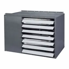 This Dayton low-profile suspended unit heater delivers 90,000 BtuH heating input using propane fuel. It features a propeller fan and is field convertible for combustion type. The unit has a 1/2 in NPT male gas connection and measures 22-5/8 in H x 30 in W x 26-3/8 in D. Suitable for wall or ceiling mounting in commercial and industrial spaces such as warehouses, workshops, and garages.