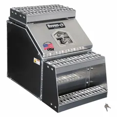 This single flip-up door truck step box is constructed of aluminum with a silver finish. It measures 36 inches wide, 28 inches deep, and 24 inches high, and features a keyed lock and T-handle latch. Designed for mounting on trucks, it provides secure storage for tools and equipment while serving as a step for accessing the truck bed.