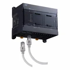 Programmable logic controller with relay outputs, operating on 100 to 240V AC. Features (6) Interrupt inputs for time-critical events and relay-type outputs for switching higher-current loads. Clock not included. Suitable for industrial automation tasks such as machine control, process sequencing, and equipment monitoring.