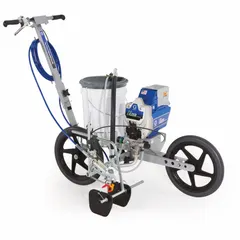 This battery-powered airless line striper is designed for manual operation on turf surfaces. It produces line widths from 2 to 12 inches, suitable for marking athletic fields and other grass areas. The cordless design allows for mobility without the need for external power sources.