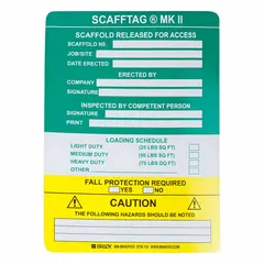 Rectangular scaffold inspection tag, black/white/yellow, made of polyester. Measures 5 3/4 in wide by 7 5/8 in high. Pack of 100. Used to indicate inspection status on scaffolding in construction and industrial settings.