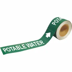 Green adhesive pipe marker with white legend reading 'Potable Water' and directional arrows. Designed for pipe outer diameters of 1-1/2 to 2 inches. Each roll contains 25 markers for identifying potable water lines in facility piping systems.