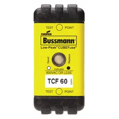 The BUSSMANN TCF60 is a 60 A, 600 V AC / 300 V DC time-delay indicating fuse from the TCF Series. Designed for overcurrent protection in industrial equipment, it accommodates temporary inrush currents common in motor circuits and transformers.