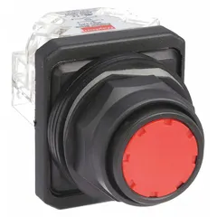 This flush-mount push button features a non-metallic actuator and a 30 mm profile, with momentary action and 1NO/1NC contact configuration. Pressure plate terminals facilitate wiring. Suitable for control panels and industrial machinery where a low-profile, corrosion-resistant operator is required.