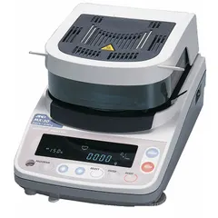 The A&D WEIGHING MF-50 is a halogen-heated moisture analyzer with a maximum capacity of 51 g and readability of 0.002 g. It operates over a temperature range of 50°C to 200°C, features a VFD display and RS232C interface, and offers moisture measurement repeatability from 0.200% to 0.050%. Used for determining moisture content in solid or semi-solid samples.