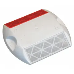 White polycarbonate raised pavement marker with two-way reflectivity for epoxy installation on asphalt. Complies with ASTM D2444, ASTM D4280, ASTM E809, and EN1463 standards. Supplied in a 100-pack; installation hardware not included. Used for lane delineation and traffic guidance on roadways.