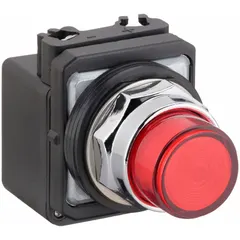Red LED pilot light with 30 mm panel-mounting size. Rated for 120 V AC supply voltage. No push-to-test function. Used as a visual status indicator on industrial control panels, machinery, and equipment.