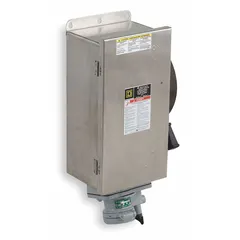 This SQUARE D fusible safety switch is rated for 100 A, three-phase, 600V AC. It features a 304 stainless steel enclosure suitable for indoor and outdoor use. The switch is compatible with Appleton Powertite plug series. Typical applications include disconnecting power in industrial and commercial electrical systems where corrosion resistance is required.