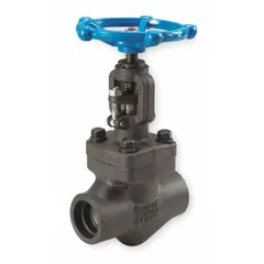 This SHARPE globe valve features a carbon steel Z-body with a non-rising stem. It has a 2 in pipe size and socket x socket female connections. Designed for general-service applications such as regulating or throttling flow in industrial piping systems.
