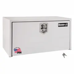 This single drop-down door box from BUYERS PRODUCTS is designed for underbody mounting on trucks. It features a white finish and a keyed lock for secure storage of tools and equipment. Overall depth is 24 inches.