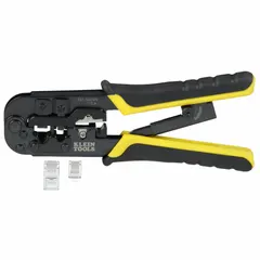 This kit includes a ratcheting crimper for RG59/RG6 cables and connectors for BNC, F, and RCA terminations. Overall length is 7 1/2 inches. Suitable for crimping coaxial connectors in data and video installations.