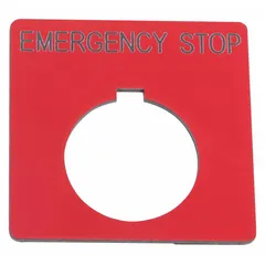 Square non-metallic plastic legend plate for 30 mm panel mounting. Overall dimensions 2 1/4 in height by 2 1/4 in width. Red face with black 'Emergency Stop' text. Used to label emergency-stop push-button stations in industrial control panels.