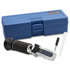 Analog handheld refractometer for measuring ethylene glycol concentration. Features automatic temperature compensation, accuracy of +/-2%, and resolution of 2°F. Suitable for checking freeze protection in cooling systems and battery fluid levels.