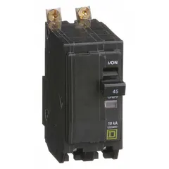 The SQUARE D QOB245 is a 45 A, 2-pole bolt-on miniature circuit breaker from the QOB Series, rated for 120/240V AC with a maximum AIR rating of 10kA at 120/240V AC. It provides overcurrent protection in single-phase electrical systems and is designed for use with Square D NQOD panelboards in commercial and industrial power distribution applications.