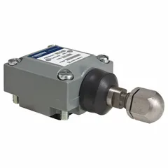Plunger-type limit switch head with side actuator location and momentary action. Compatible with Series 9007C limit switches. Used in industrial automation to detect the presence or position of moving parts, providing a brief signal upon mechanical contact.