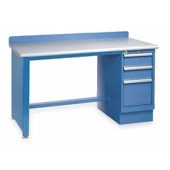 This LISTA single pedestal workbench features a laminate top measuring 72 inches by 30 inches in a blue finish. It has an overall load capacity of 1,000 pounds. Suitable for assembly, inspection, and light manufacturing tasks in industrial workstations.