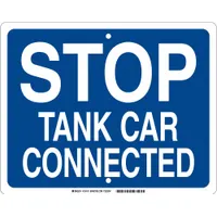 High Intensity Prismatic (HIP) retroreflective sign with blue background, nominal size 12 in x 15 in, 0.09 in thick. Features mounting holes for installation. Used in industrial rail yards and chemical facilities to indicate that tank cars are connected