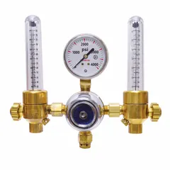 Flowmeter regulator for argon gas with CGA 580 inlet connection and 5/8"-18 F RH outlet connection. Used to control and measure gas flow in welding applications such as TIG welding where consistent gas coverage is required.