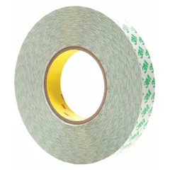 This permanent double-sided film tape features an acrylic adhesive on a polyvinyl chloride film backing. It is white, rated for indoor use, and has a thickness of 10.2 mil. The tape is supplied in a 1-inch width and 54 5/8-yard length. Typical applications include bonding and mounting of signs, nameplates, and trim.