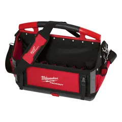 This red polyester tool tote measures 20-15/16 inches wide by 10-5/16 inches deep by 16-1/2 inches high. It includes a removable shoulder strap for convenient carrying. Designed for organizing and transporting hand tools and accessories on job sites.