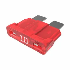 Fast-acting fuse rated 10 A at 32 V DC, part of the ATOF series. Features an indicating function to visually confirm a blown fuse. Suitable for overcurrent protection in DC circuits such as automotive battery, lighting, and accessory circuits.